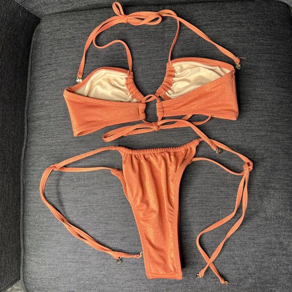 Victoria's Secret Swim Suit 2 Piece Skimpy String Bikini Small Pumpkin Metallic - Picture 3 of 10